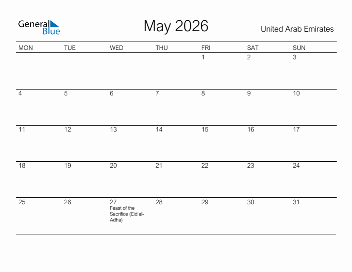 Printable May 2026 Calendar for United Arab Emirates