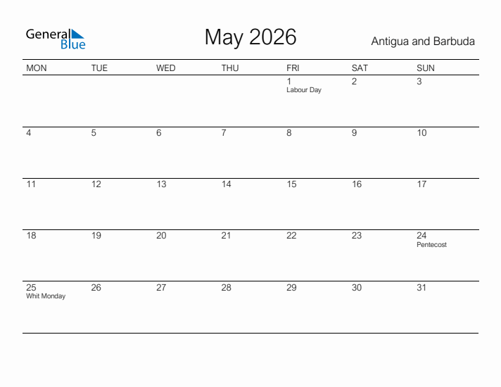 Printable May 2026 Calendar for Antigua and Barbuda