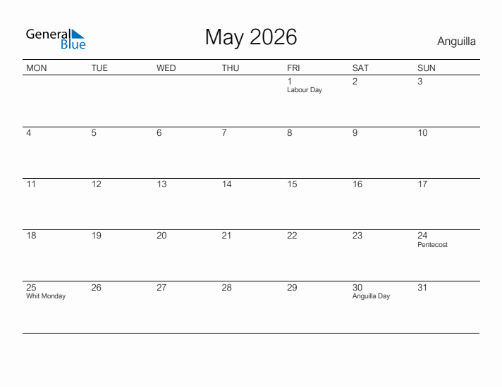 Printable May 2026 Calendar for Anguilla