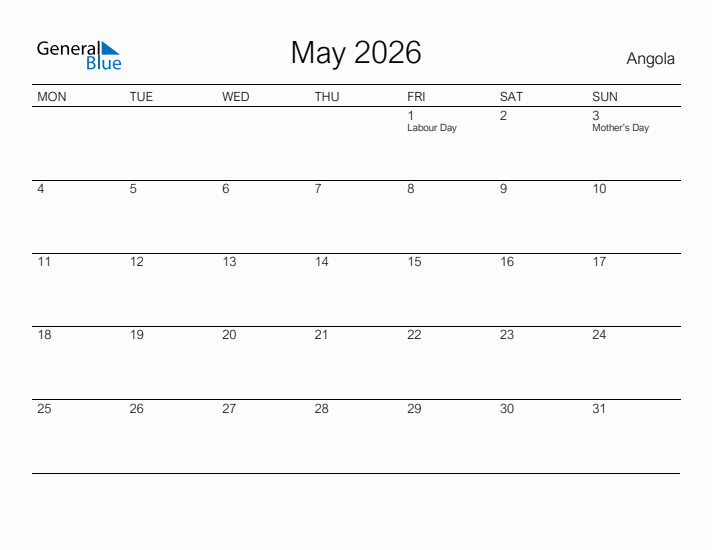 Printable May 2026 Calendar for Angola