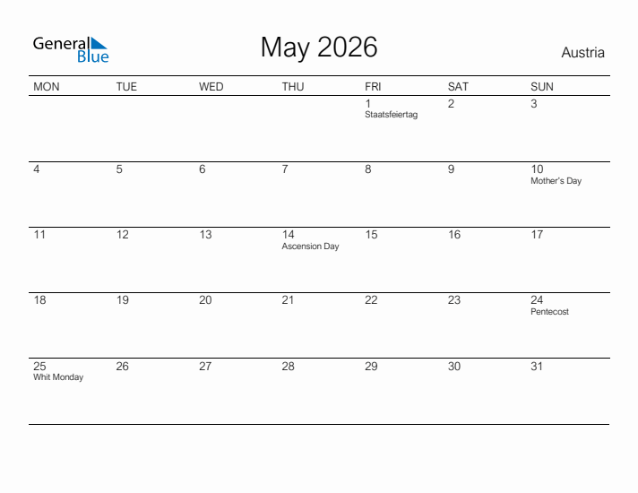 Printable May 2026 Calendar for Austria