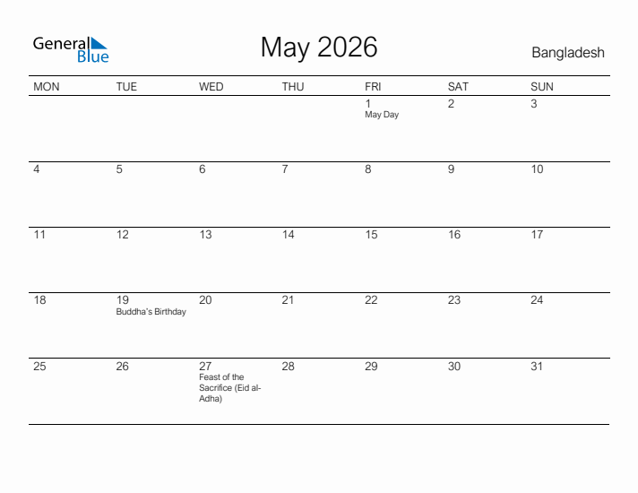 Printable May 2026 Calendar for Bangladesh