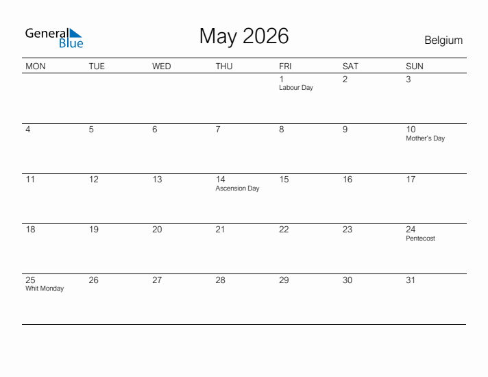 Printable May 2026 Calendar for Belgium