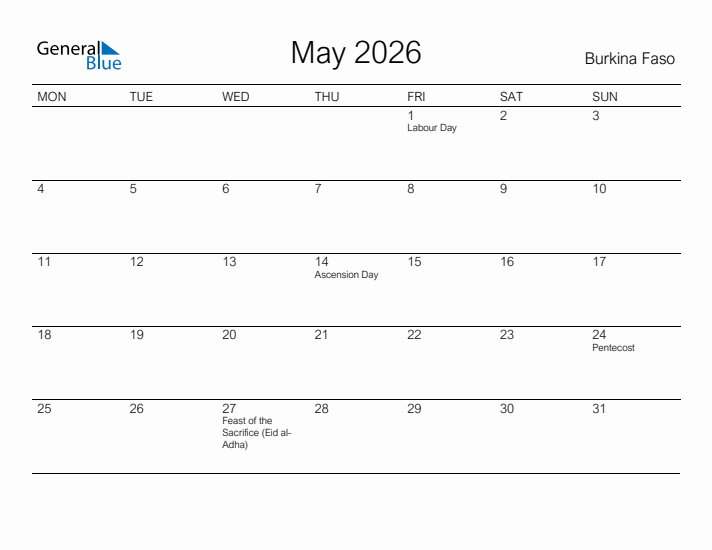 Printable May 2026 Calendar for Burkina Faso