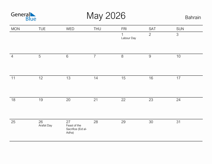 Printable May 2026 Calendar for Bahrain