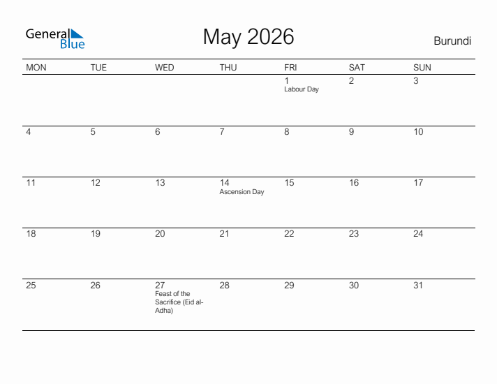 Printable May 2026 Calendar for Burundi
