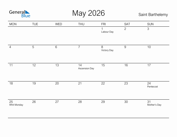 Printable May 2026 Calendar for Saint Barthelemy