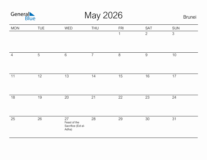 Printable May 2026 Calendar for Brunei