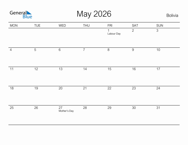 Printable May 2026 Calendar for Bolivia