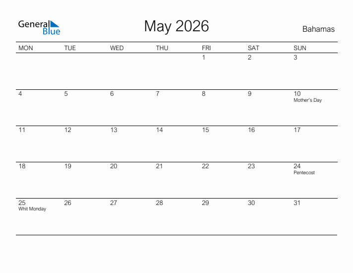 Printable May 2026 Calendar for Bahamas