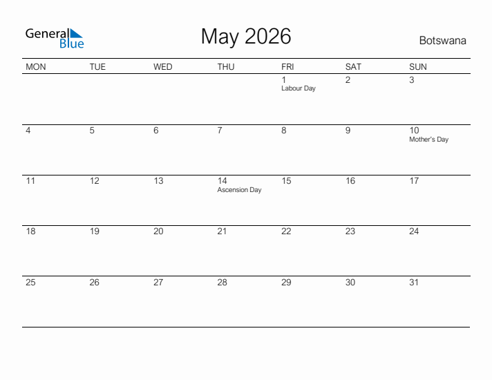 Printable May 2026 Calendar for Botswana