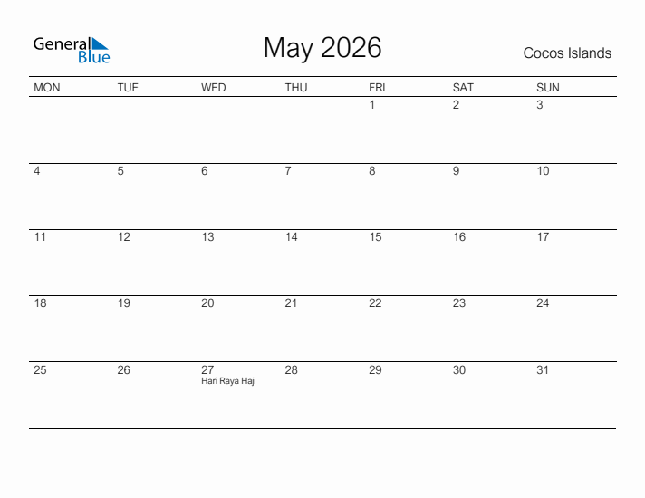 Printable May 2026 Calendar for Cocos Islands