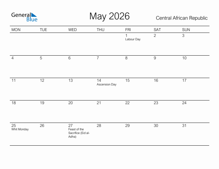 Printable May 2026 Calendar for Central African Republic