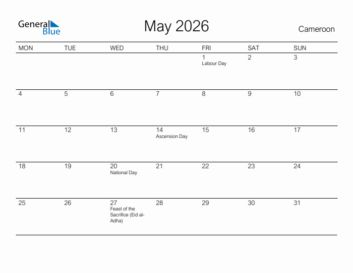 Printable May 2026 Calendar for Cameroon