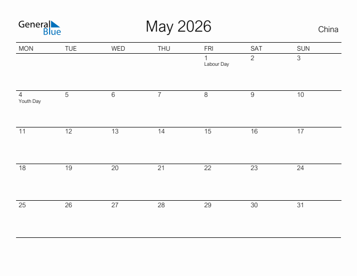 Printable May 2026 Calendar for China