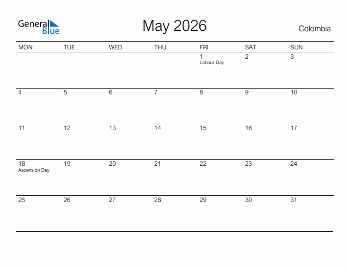 Printable May 2026 Calendar for Colombia