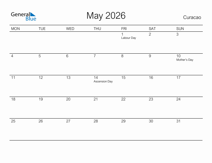 Printable May 2026 Calendar for Curacao
