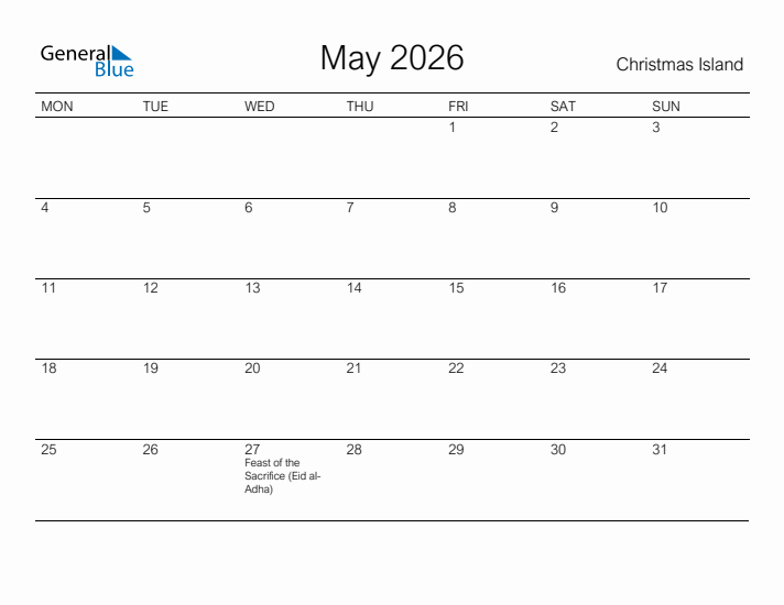Printable May 2026 Calendar for Christmas Island
