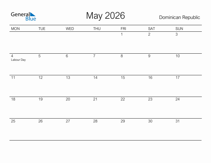 Printable May 2026 Calendar for Dominican Republic