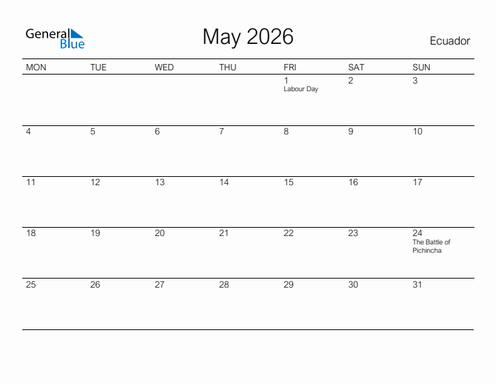 Printable May 2026 Calendar for Ecuador