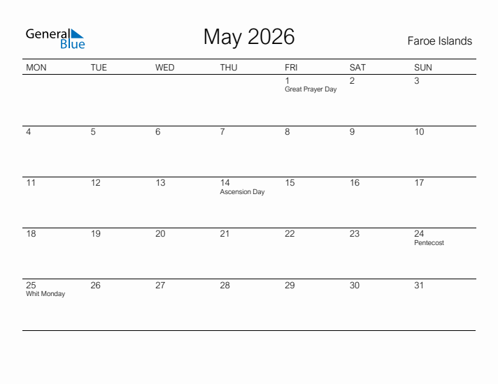 Printable May 2026 Calendar for Faroe Islands