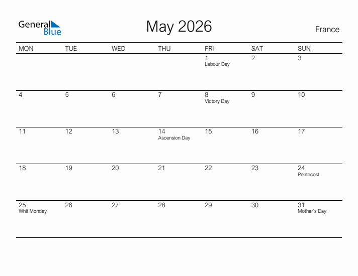 Printable May 2026 Calendar for France