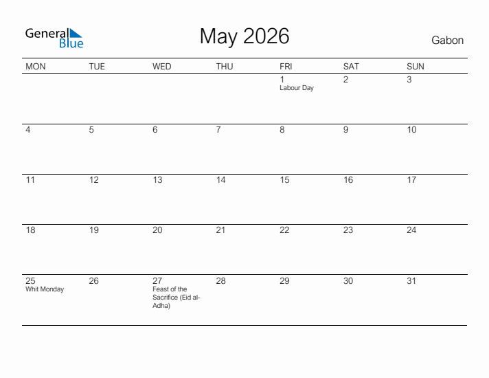 Printable May 2026 Calendar for Gabon