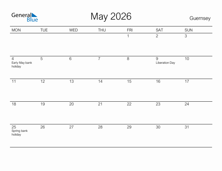 Printable May 2026 Calendar for Guernsey