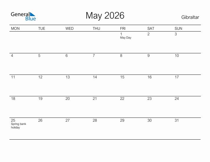 Printable May 2026 Calendar for Gibraltar