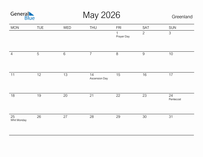 Printable May 2026 Calendar for Greenland