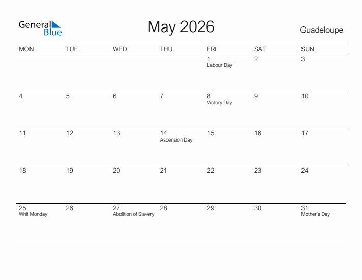 Printable May 2026 Calendar for Guadeloupe