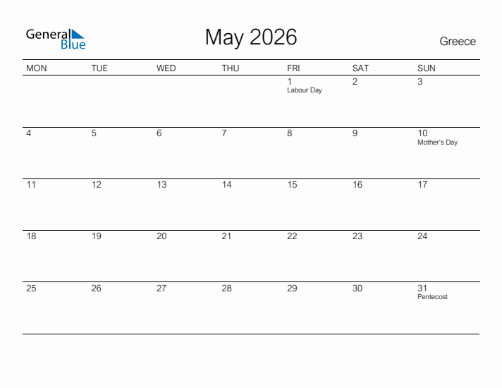 Printable May 2026 Calendar for Greece