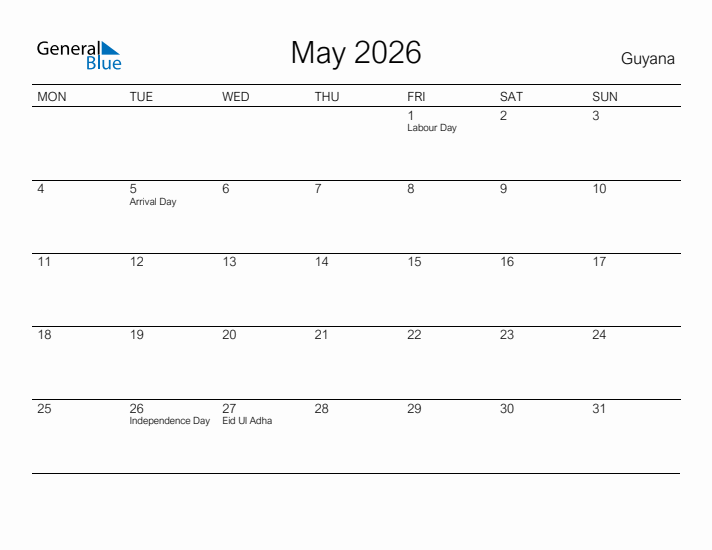 Printable May 2026 Calendar for Guyana