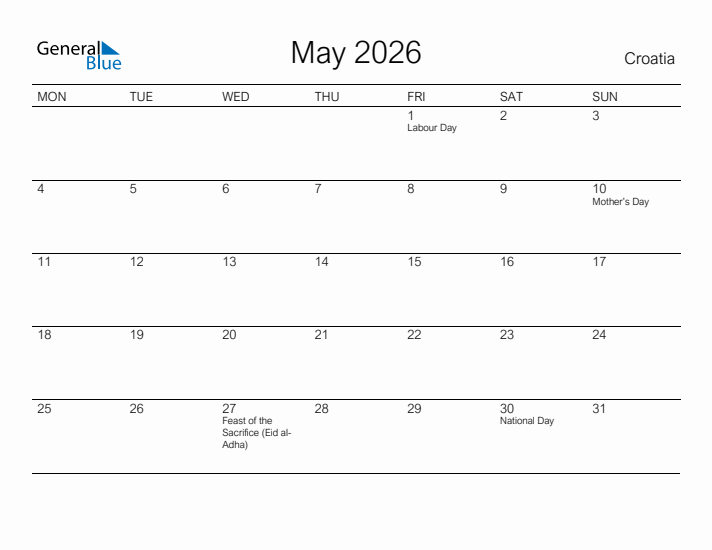 Printable May 2026 Calendar for Croatia