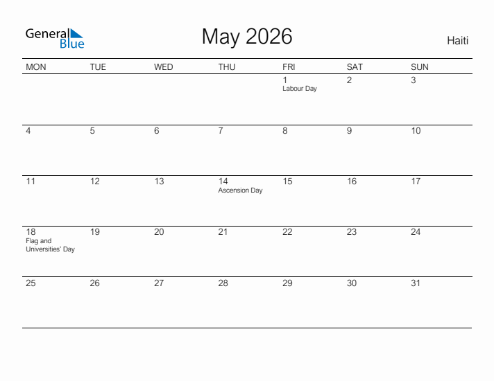 Printable May 2026 Calendar for Haiti