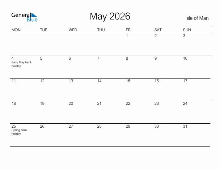 Printable May 2026 Calendar for Isle of Man