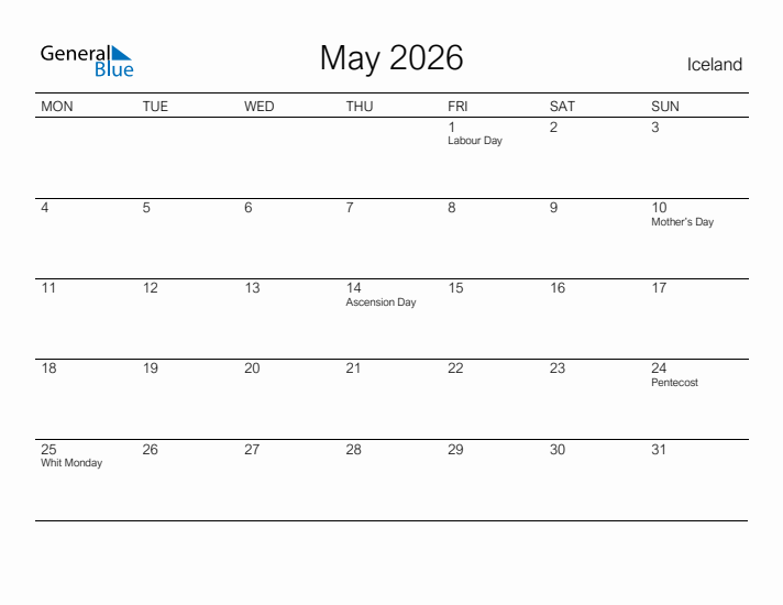 Printable May 2026 Calendar for Iceland