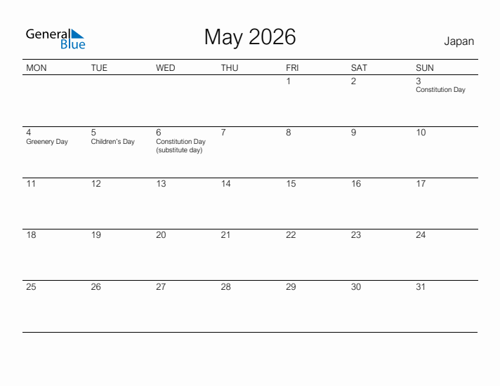 Printable May 2026 Calendar for Japan