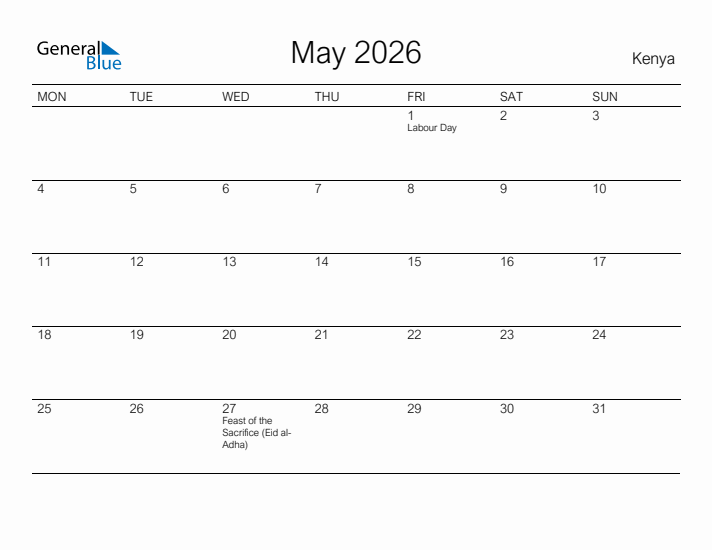 Printable May 2026 Calendar for Kenya
