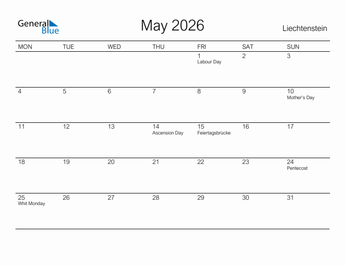 Printable May 2026 Calendar for Liechtenstein