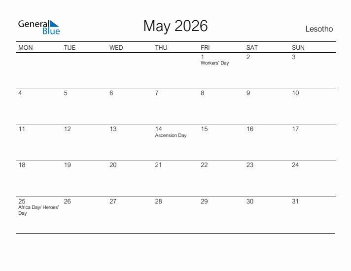 Printable May 2026 Calendar for Lesotho
