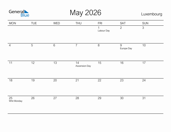 Printable May 2026 Calendar for Luxembourg
