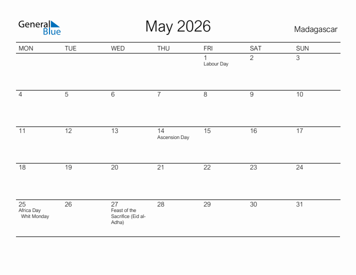 Printable May 2026 Calendar for Madagascar