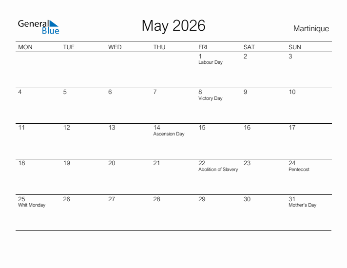 Printable May 2026 Calendar for Martinique