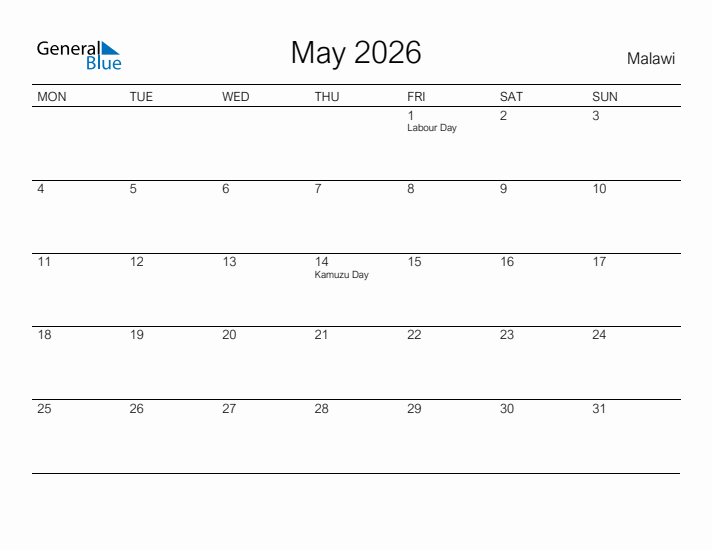 Printable May 2026 Calendar for Malawi