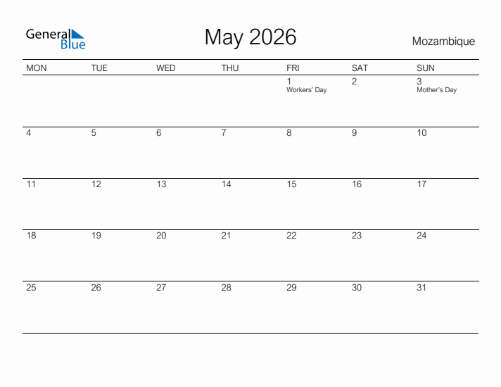 Printable May 2026 Calendar for Mozambique