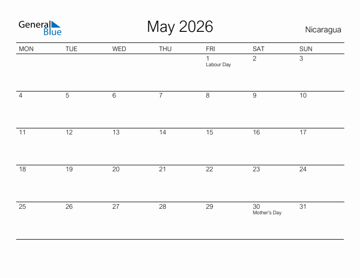 Printable May 2026 Calendar for Nicaragua