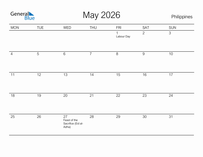 Printable May 2026 Calendar for Philippines