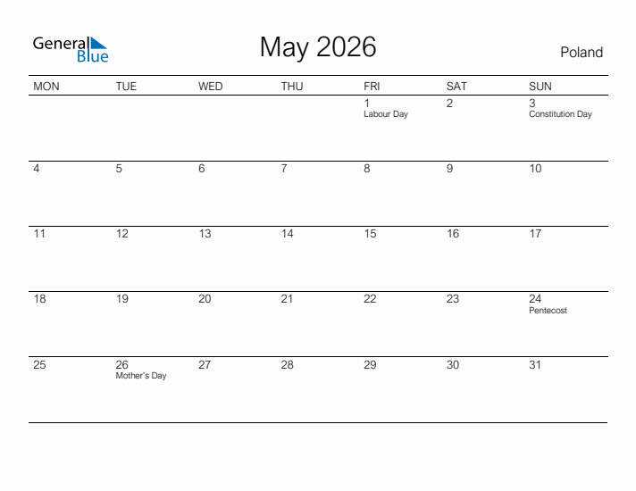 Printable May 2026 Calendar for Poland