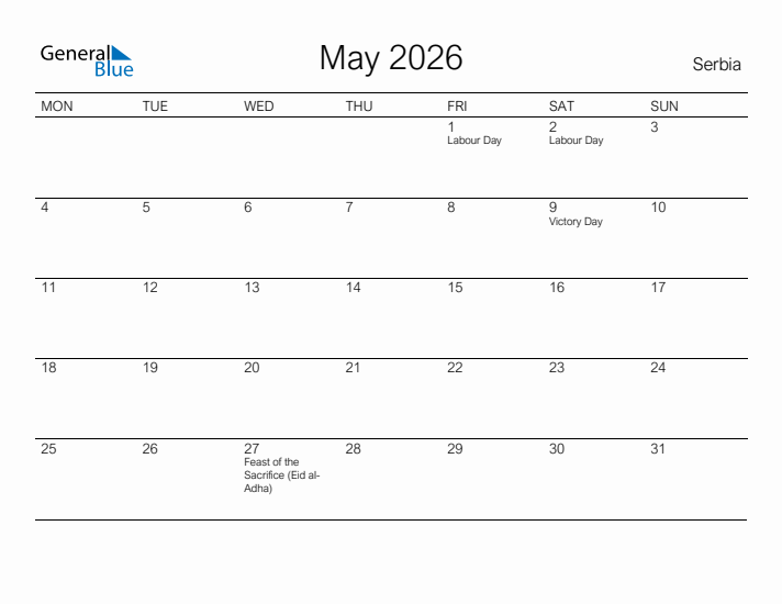 Printable May 2026 Calendar for Serbia